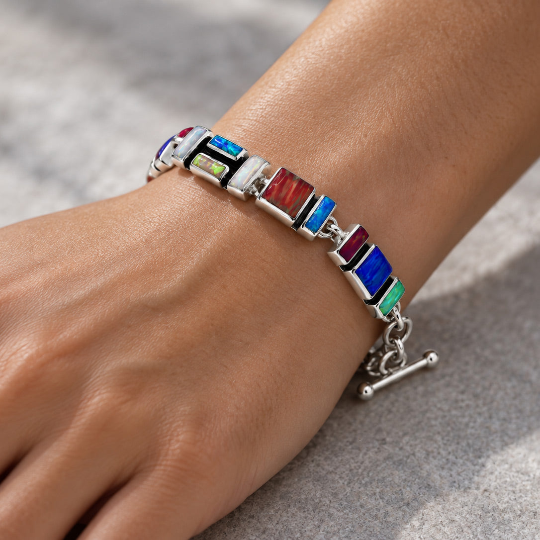 Sleveen Multi-Coloured Mosaic Opalescent Resin Silver Bracelet