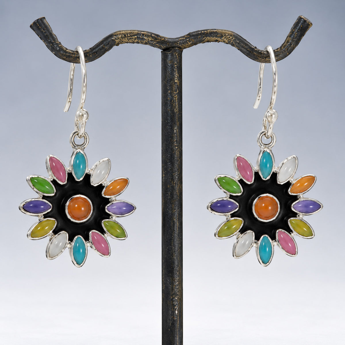 Sleveen Multi-Coloured Petals Daisy Flower Silver Dangle Earrings