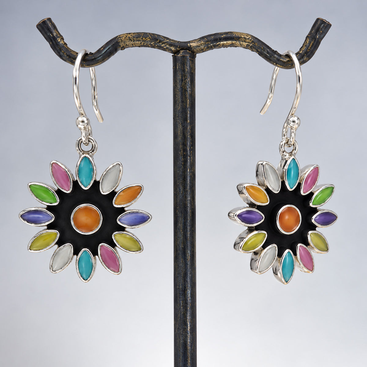 Sleveen Multi-Coloured Petals Daisy Flower Silver Dangle Earrings