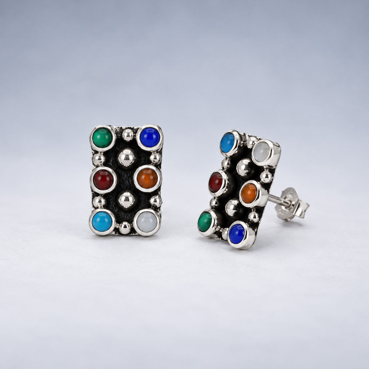 Sleveen Rectangle with Round Multi-Coloured Opalescence Resin Silver Stud Earrings