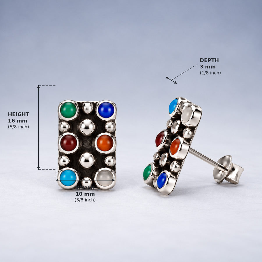 Sleveen Rectangle with Round Multi-Coloured Opalescence Resin Silver Stud Earrings