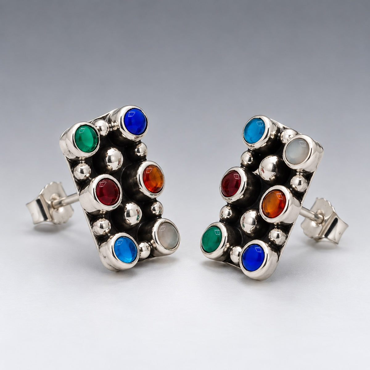 Sleveen Rectangle with Round Multi-Coloured Opalescence Resin Silver Stud Earrings