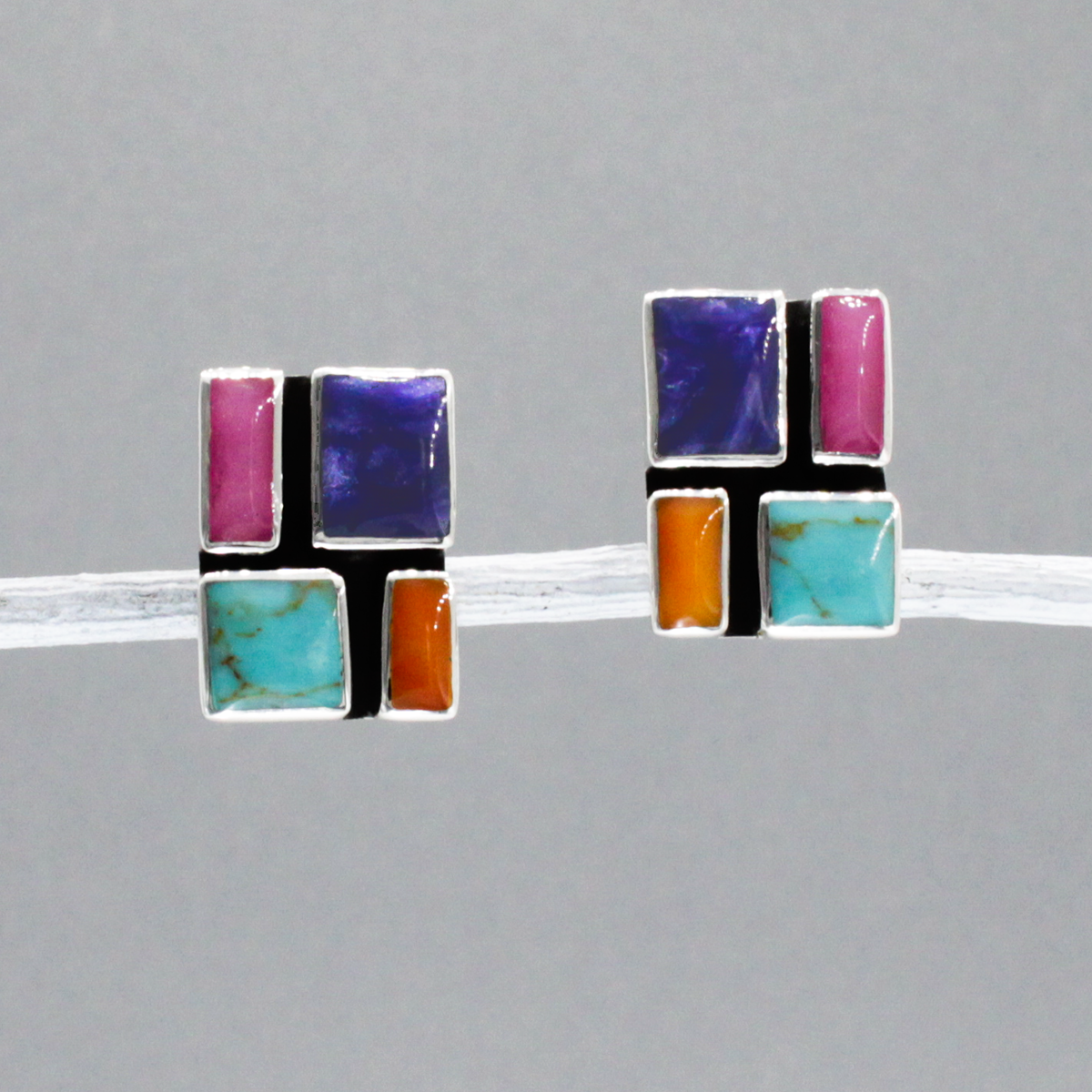 Sleveen - Rectangle With Multi-Coloured Mosaic Resin Silver Earrings - Stud