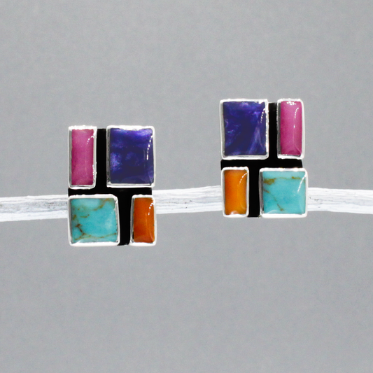 Sleveen - Rectangle With Multi-Coloured Mosaic Resin Silver Earrings - Stud Curated and designed by Emilio Sotelo Jewelry for Croi Kinsale Jewellery in Kinsale West Cork Ireland Europe. Find exceptional handmade silver and gold jewellery at affordable prices for birthday gifts and Christmas presents. Handcrafted Silver jewelry. Find the best affordable jewellery