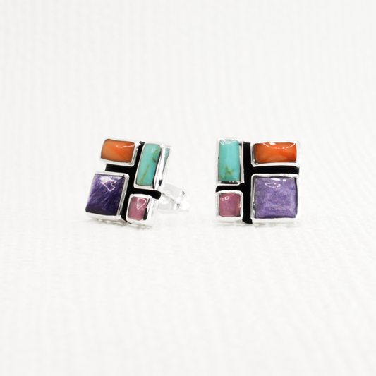Sleveen - Square With Multi-Coloured Mosaic Resin Silver Earrings - Stud Curated and designed by Emilio Sotelo Jewelry for Croi Kinsale Jewellery in Kinsale West Cork Ireland Europe. Find exceptional handmade silver and gold jewellery at affordable prices for birthday gifts and Christmas presents. Handcrafted Silver jewelry. Find the best affordable jewellery