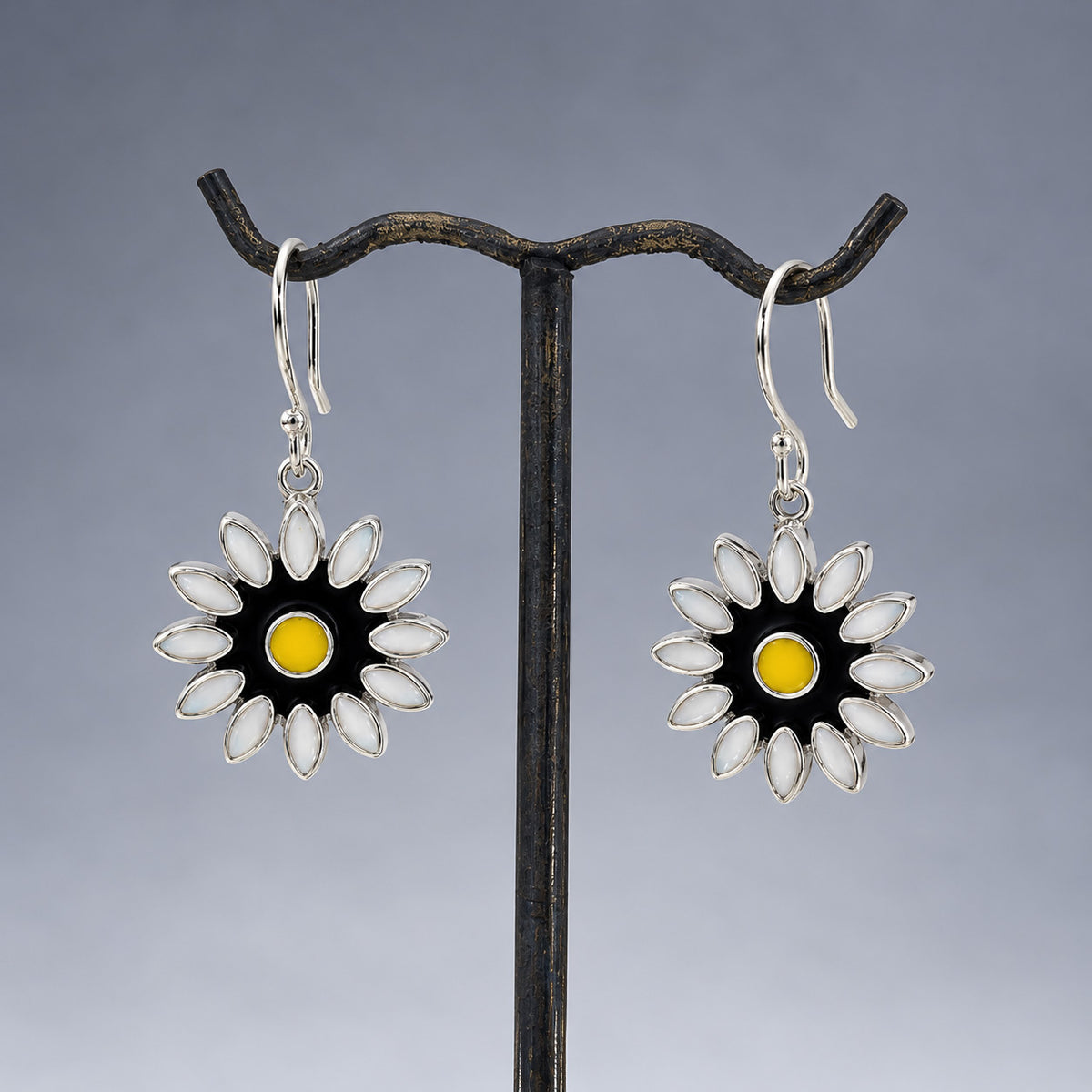 Sleveen White Petals with Yellow Centre Daisy Flower Silver Dangle Earrings