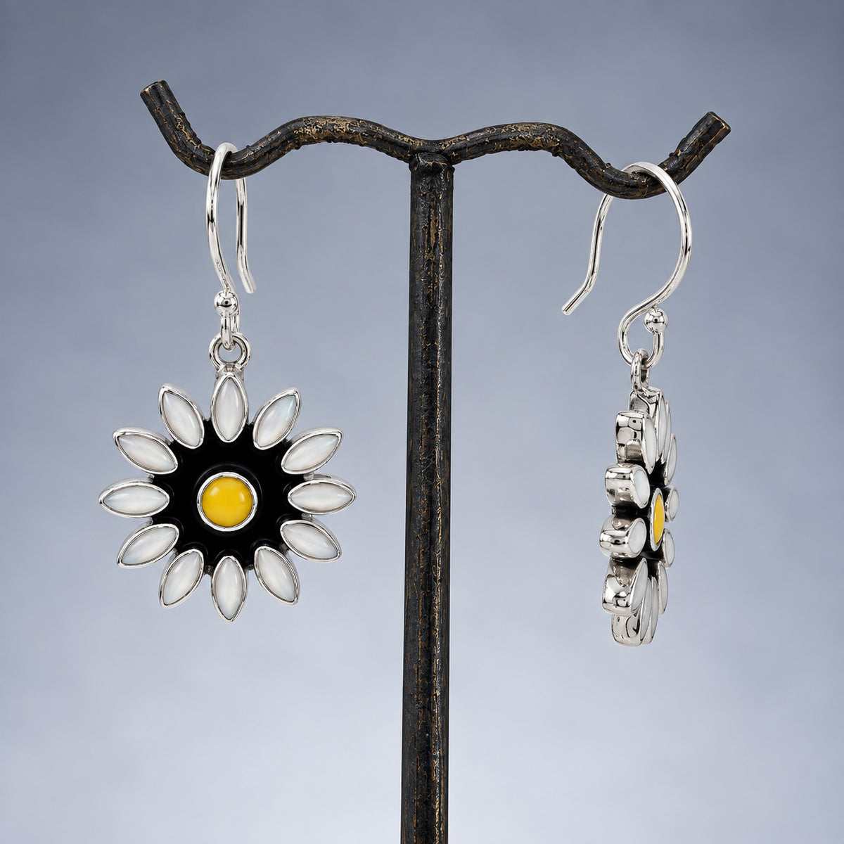 Sleveen White Petals with Yellow Centre Daisy Flower Silver Dangle Earrings