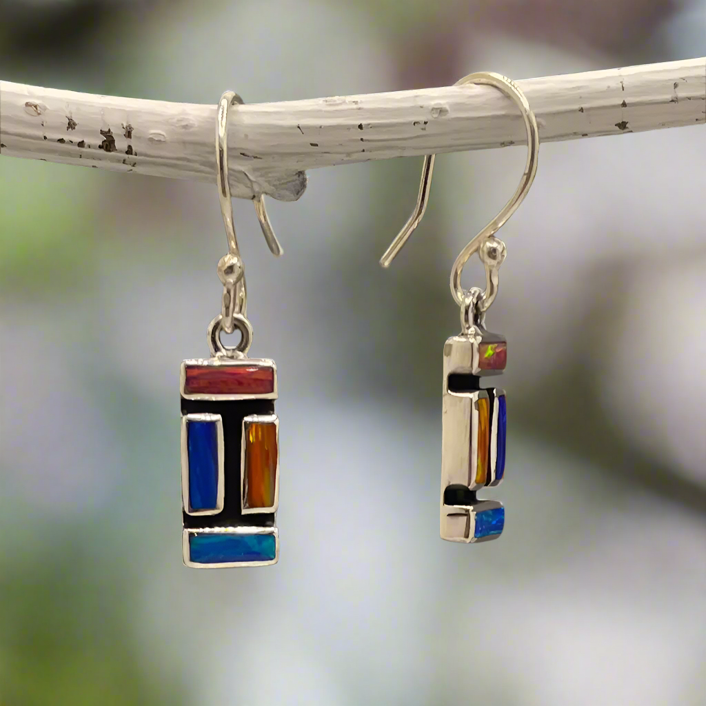 Sleveen Multi-Coloured Rectangle Mosaic Opalescence Resin Silver Dangle Earrings