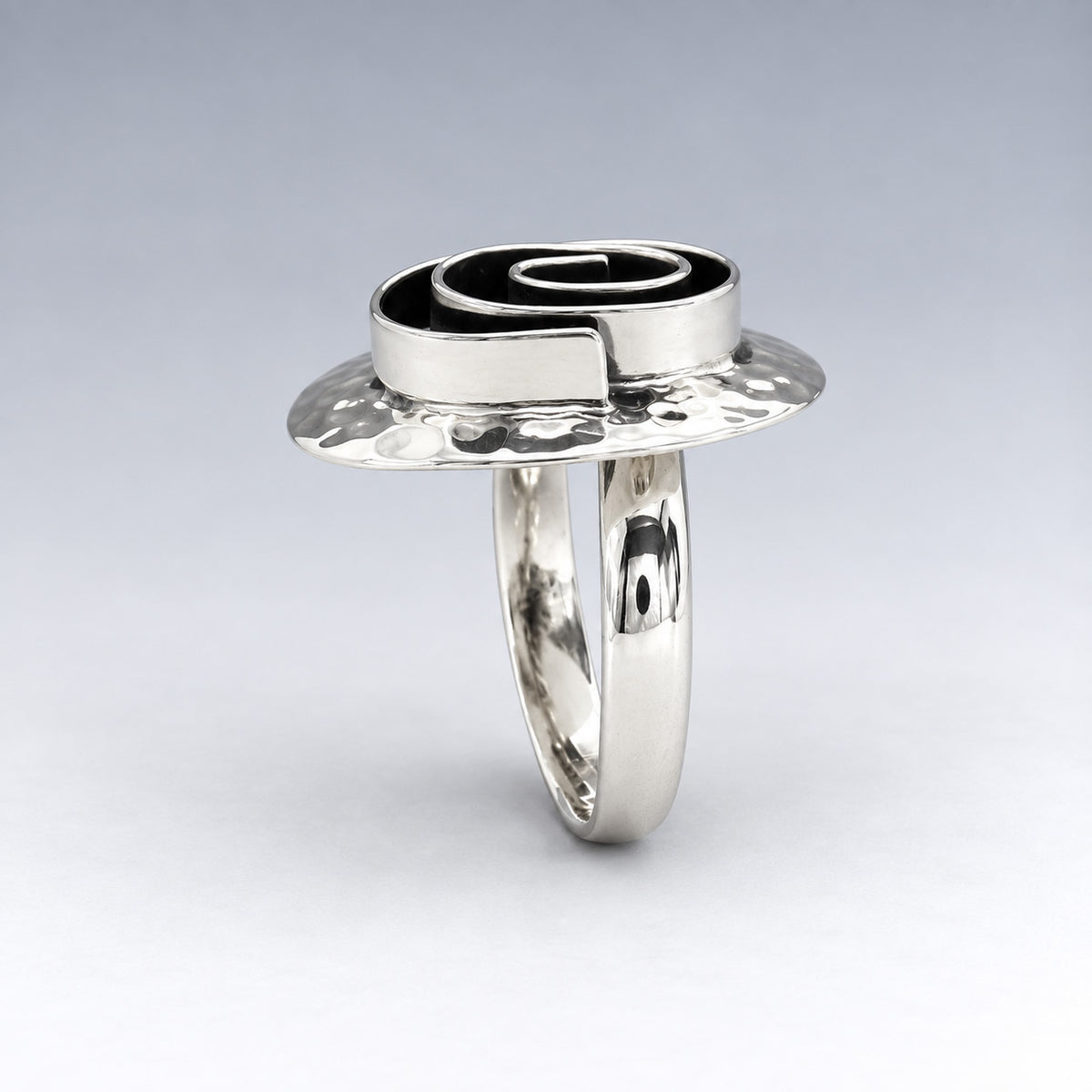 Tara Oxidised Spiral on Hammered Oval Silver Ring
