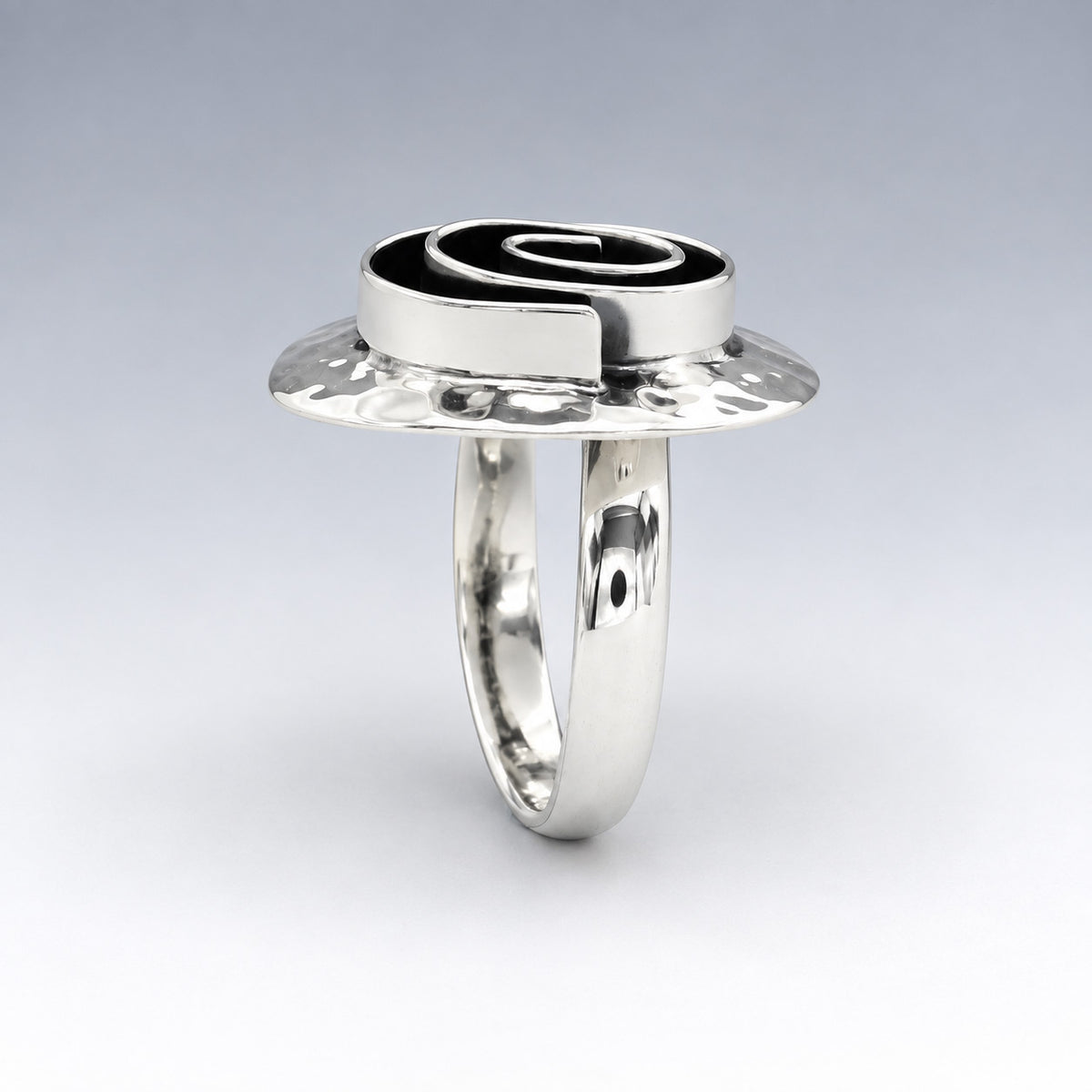 Tara Oxidised Spiral on Hammered Oval Silver Ring