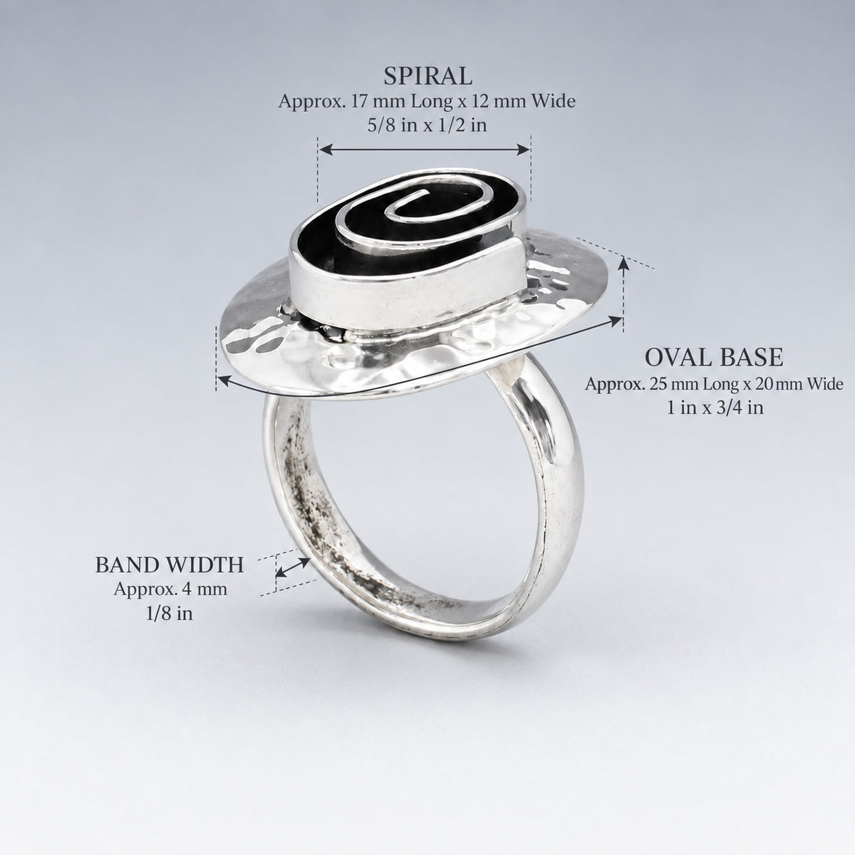 Tara Oxidised Spiral on Hammered Oval Silver Ring