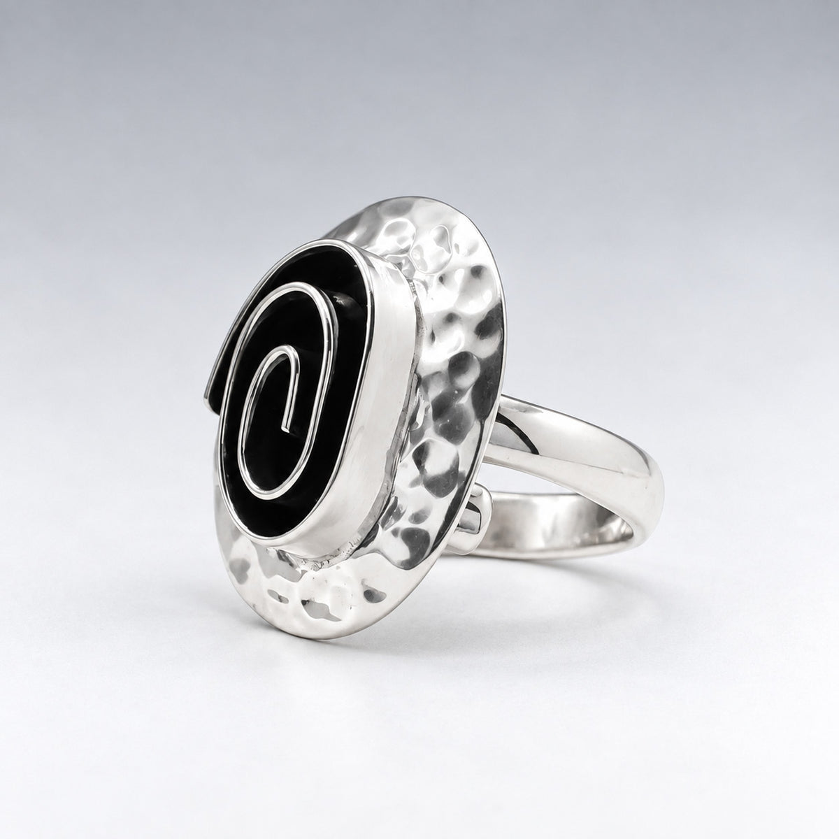 Tara Oxidised Spiral on Hammered Oval Silver Ring