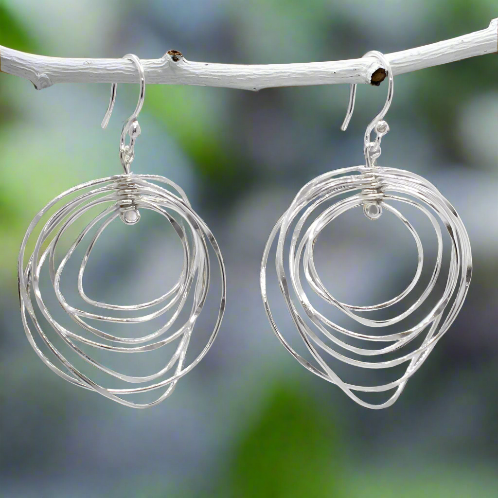 Tara Twisting Multi-Circle Silver Dangle Earrings