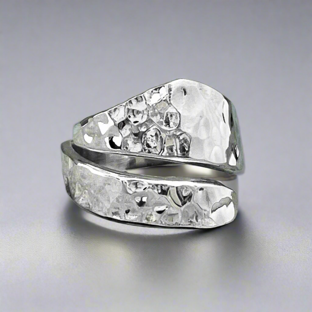 Uisce Angled Wave Hammered Silver Adjustable Ring