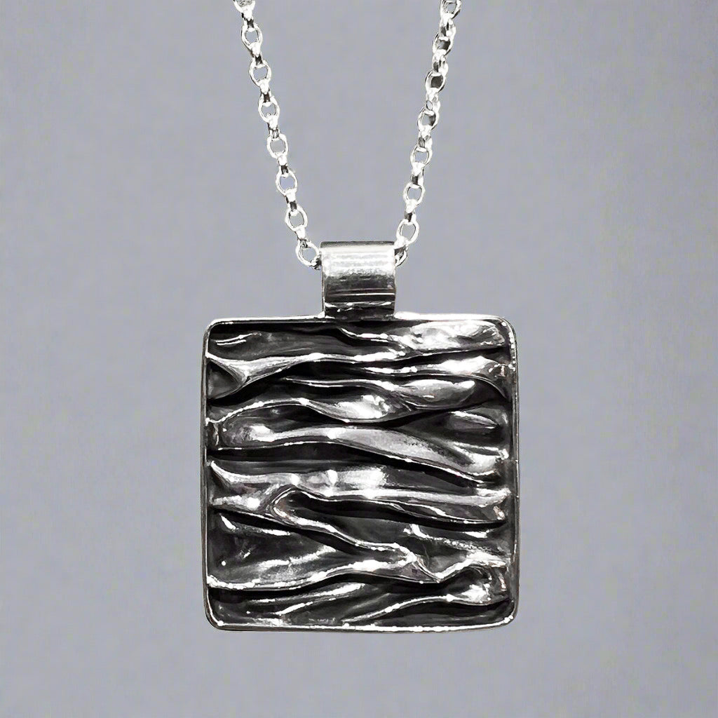 Uisce Corrugated Oxidised Square Silver Pendant