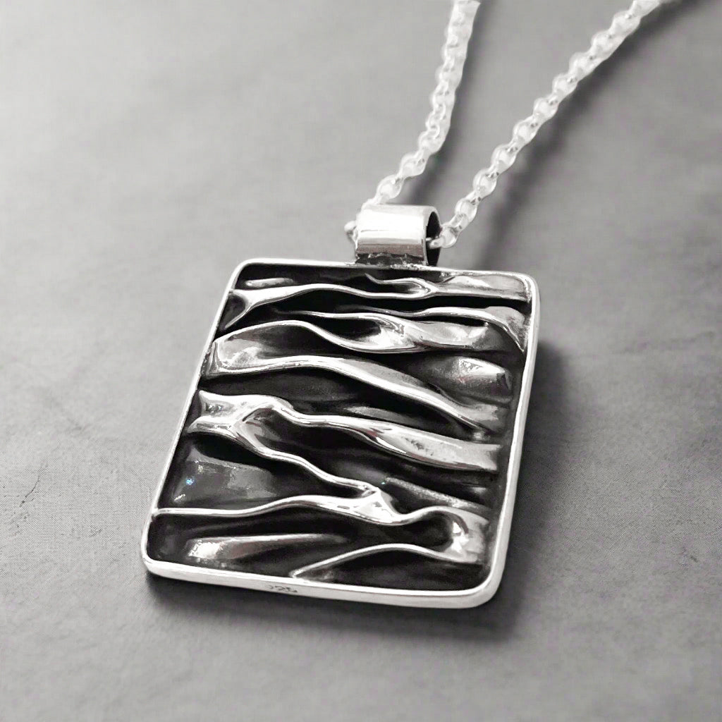 Uisce Corrugated Oxidised Square Silver Pendant