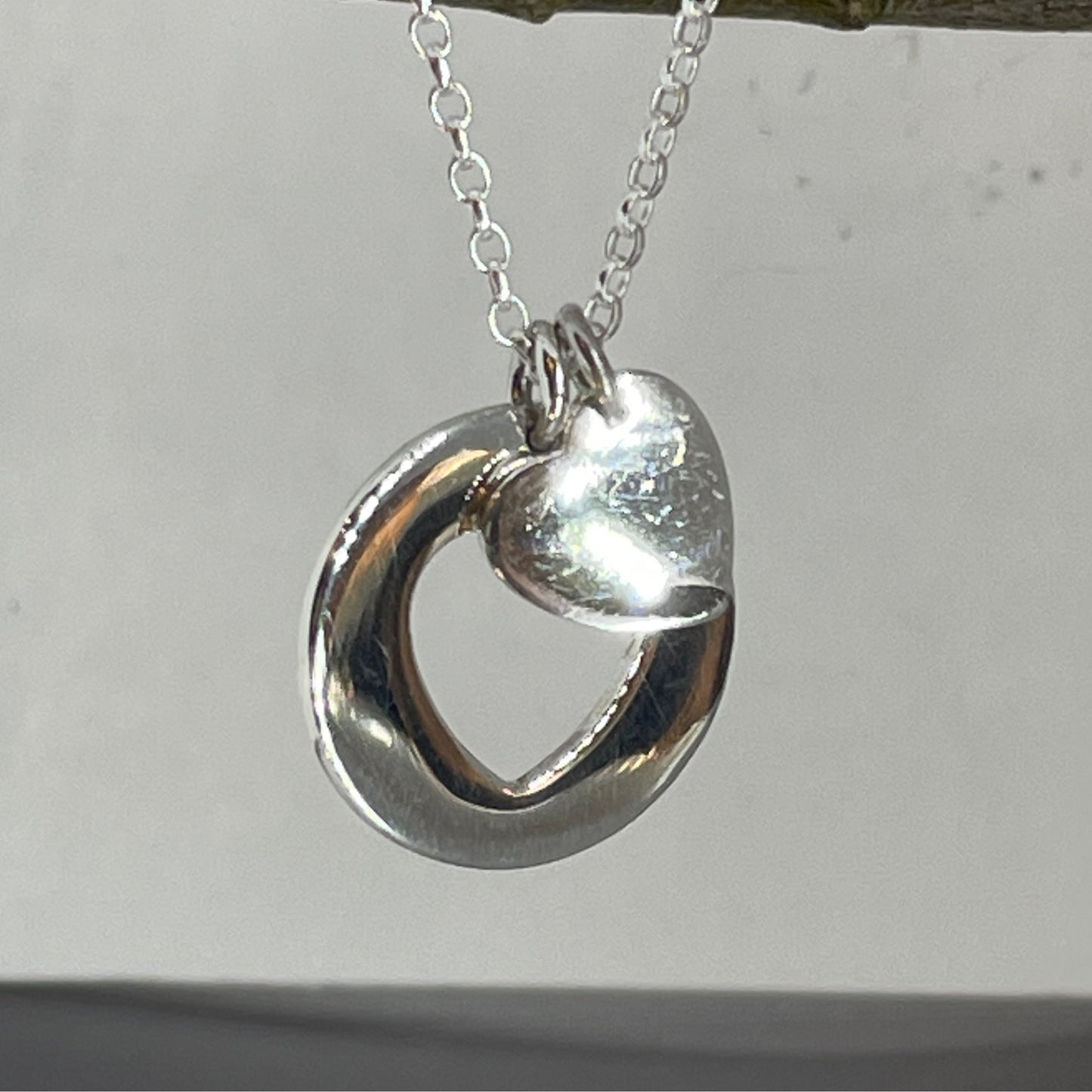 Croi - Modern Heart Disc with Heart Charm Silver Pendant