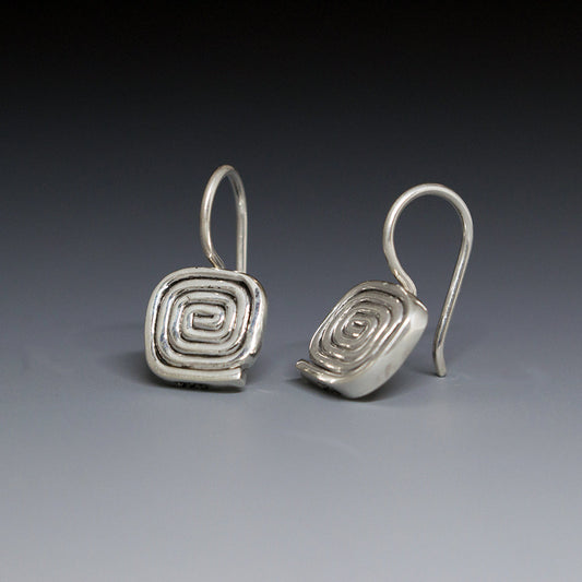 Aran - Swirl Square Silver Earrings - Dangle Curated and designed by Emilio Sotelo Jewelry for Croi Kinsale Jewellery in Kinsale West Cork Ireland Europe. Find exceptional handmade silver and gold jewellery at affordable prices for birthday gifts and Christmas presents. Handcrafted Silver jewelry. Find the best affordable jewellery