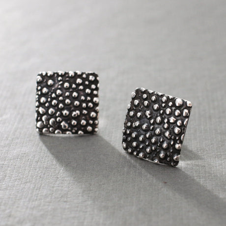 Firmament - Square Oxidised Silver Earrings - Stud Curated and designed by Emilio Sotelo Jewelry for Croi Kinsale Jewellery in Kinsale West Cork Ireland Europe. Find exceptional handmade silver and gold jewellery at affordable prices for birthday gifts and Christmas presents. Handcrafted Silver jewelry. Find the best affordable jewellery