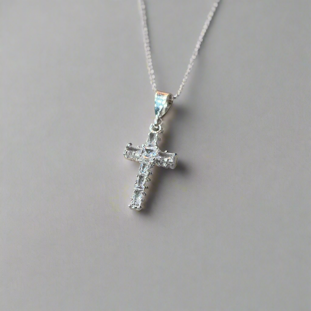 Prisca - Crystal Cross with Silver Frame Pendant