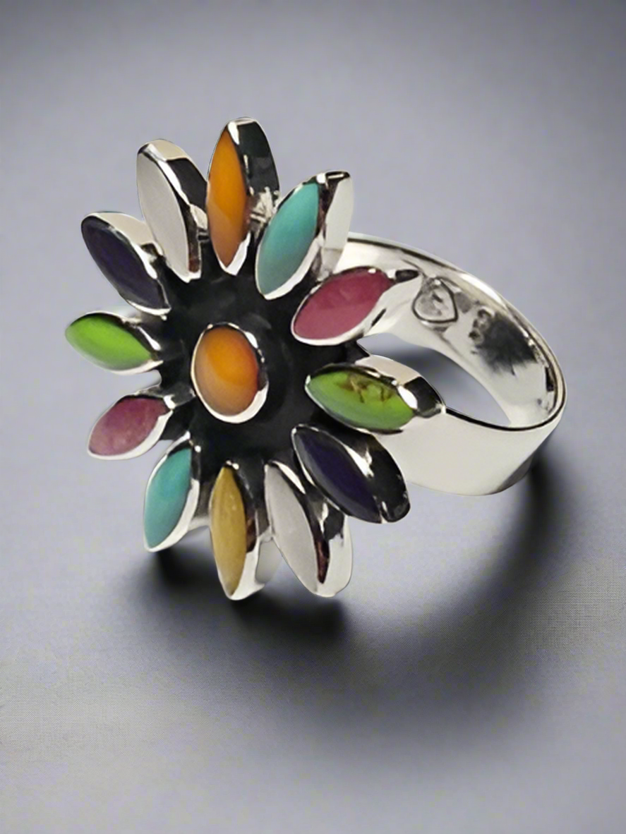 Sleveen - Daisy With Multi-Coloured Mosaic Resin Adjustable Silver Ring