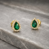 9K Yellow Gold Pear-Cut Emerald & CZ Halo Stud Earrings