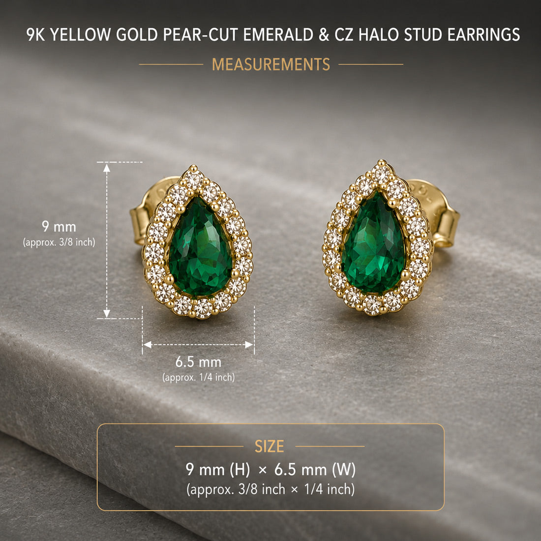 9K Yellow Gold Pear-Cut Emerald & CZ Halo Stud Earrings