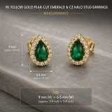 9K Yellow Gold Pear-Cut Emerald & CZ Halo Stud Earrings