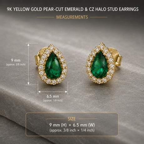 9K Yellow Gold Pear-Cut Emerald & CZ Halo Stud Earrings