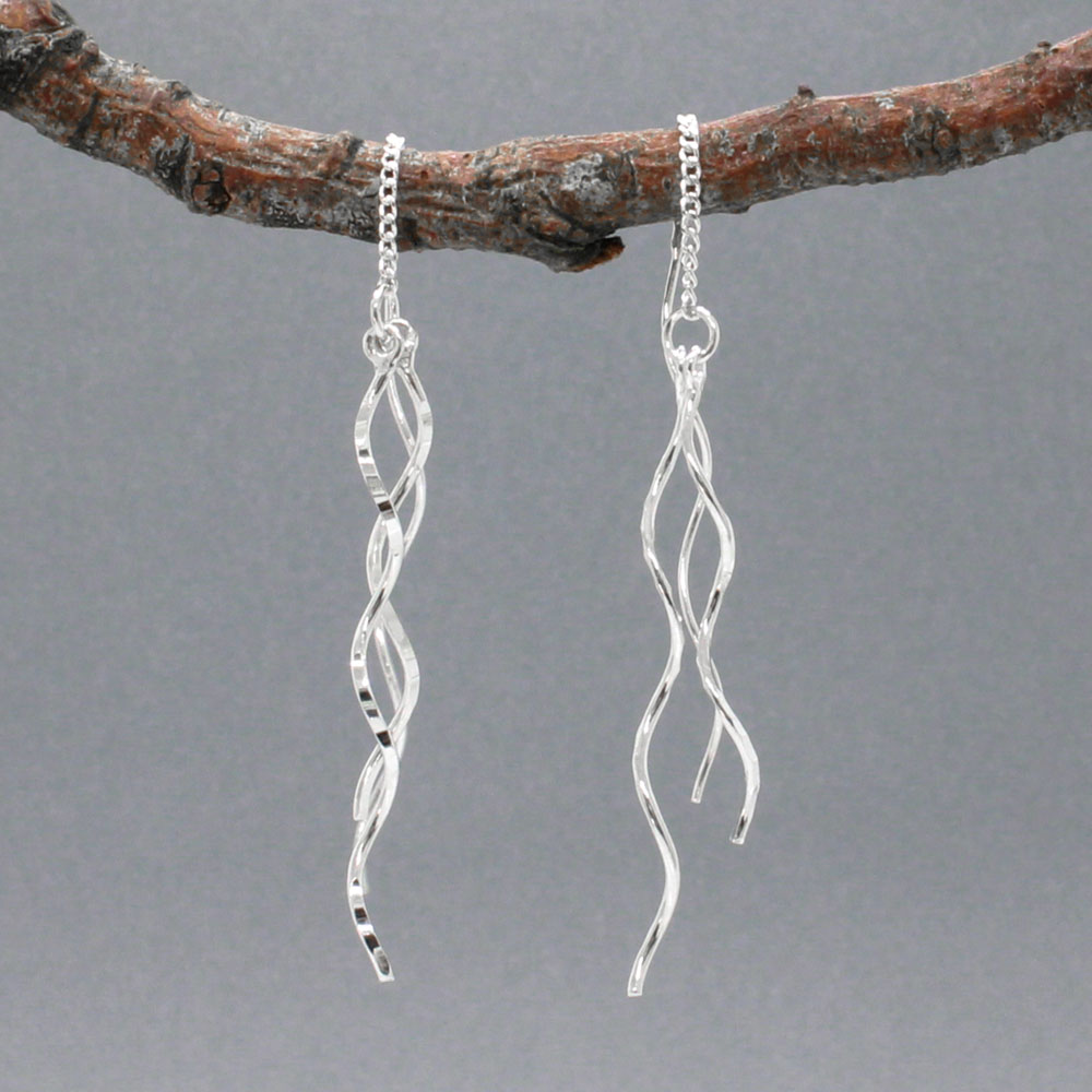 Áine - Double Curved Sticks Silver Threader Earrings - Dangle