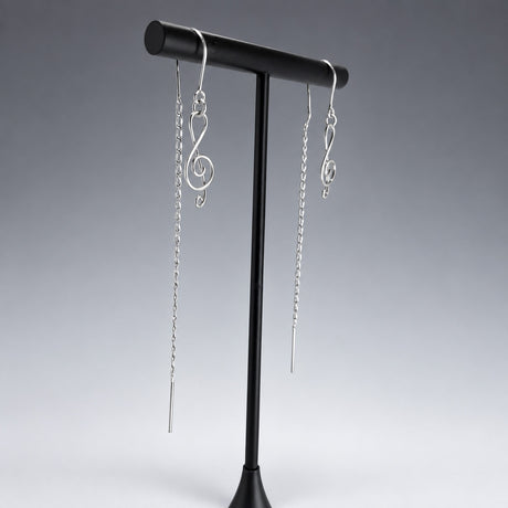 Áine Musical Note Drop with Back Chain Silver Dangle Earrings