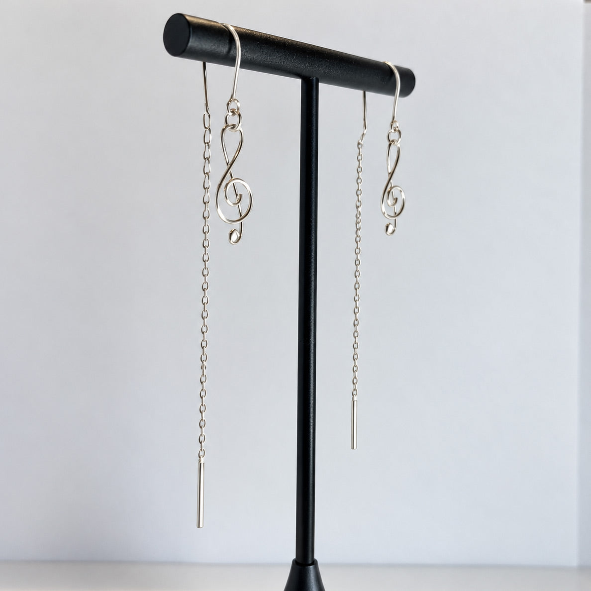 Áine Musical Note Drop with Back Chain Silver Dangle Earrings