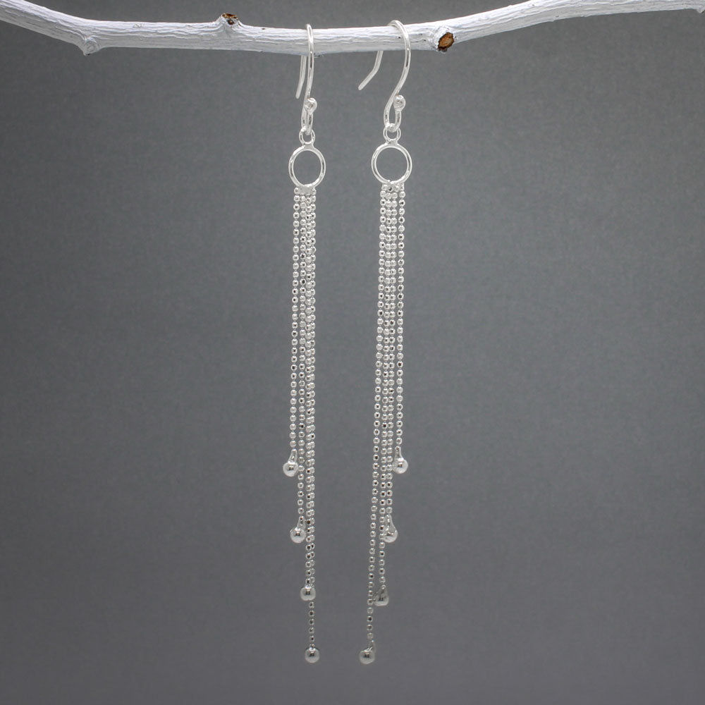 Length: 90 MM from top of the French wire Design: Cascading chains with beaded ends, whimsical and beautiful movement Features: Lightweight Material: Sterling silver Fastening: Sterling silver French wire