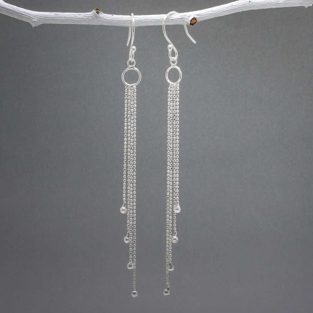 Length: 90 MM from top of the French wire Design: Cascading chains with beaded ends, whimsical and beautiful movement Features: Lightweight Material: Sterling silver Fastening: Sterling silver French wire