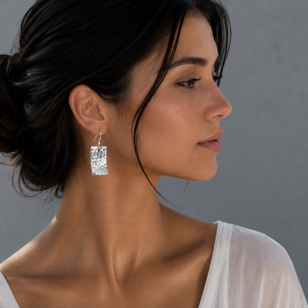 Artemis Rectangle Hammered Silver Dangle Earrings