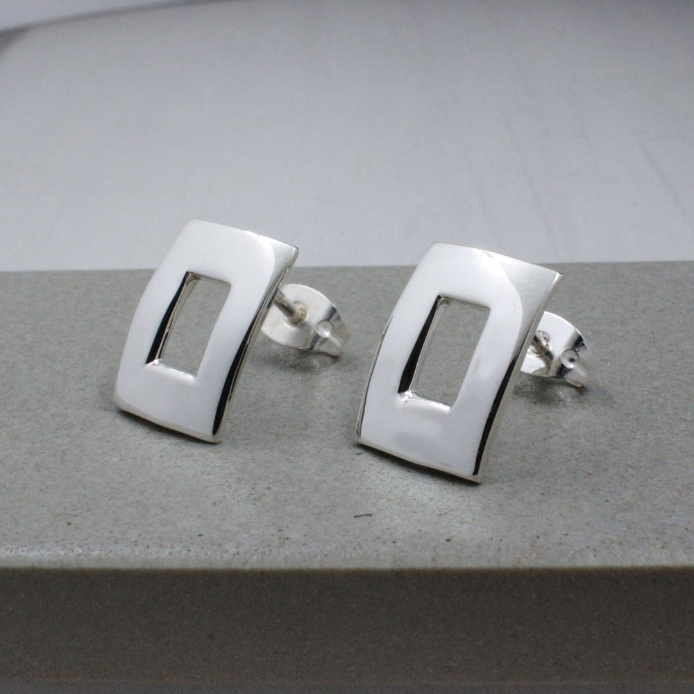 Artemis Small Off-Center Rectangle Silver Stud Earrings