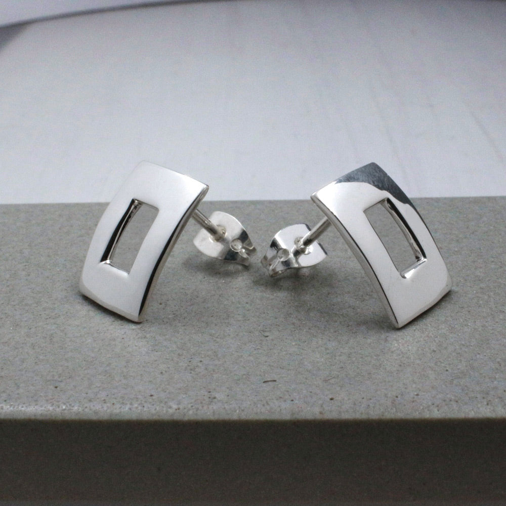 Artemis Small Off-Center Rectangle Silver Stud Earrings