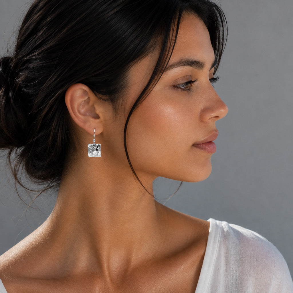 Artemis Small Square Hammered Silver Dangle Earrings