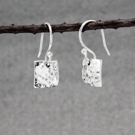 Small Artemis Hammered Square Silver Earrings Dangle  Details:  Dimensions: 10 mm long by 10 mm wide (approximately 3/8 inches long by 3/8 inches wide) Sterling silver French wire Material: .950 sterling silver Finish: Hammered silver