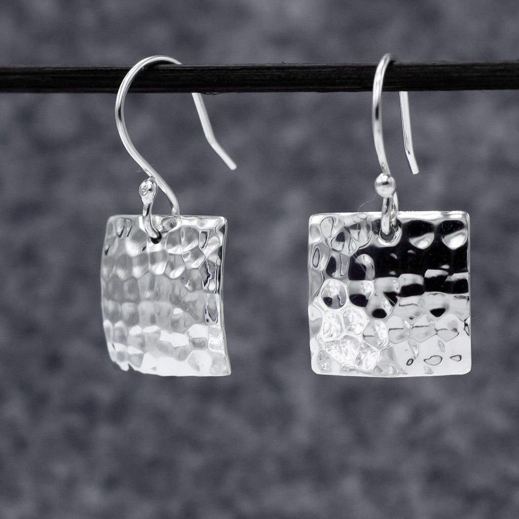 Artemis Square Hammered Silver Dangle Earrings