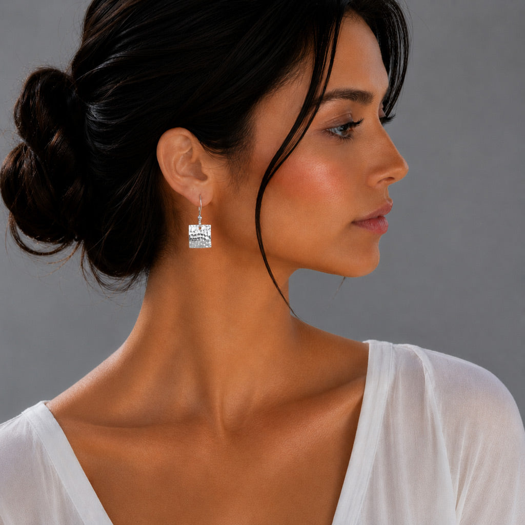 Artemis Square Hammered Silver Dangle Earrings