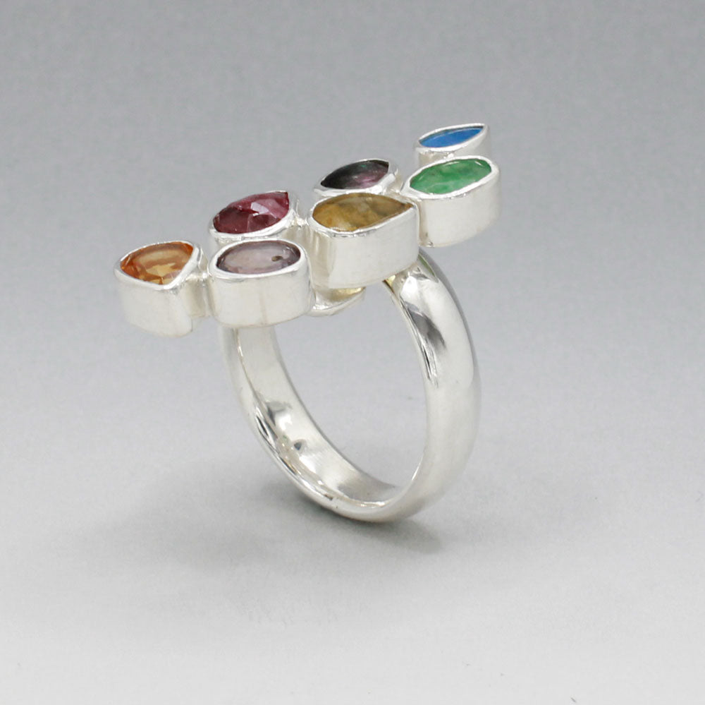 Candy - Cocktail 7 Gemstone Silver Ring - A