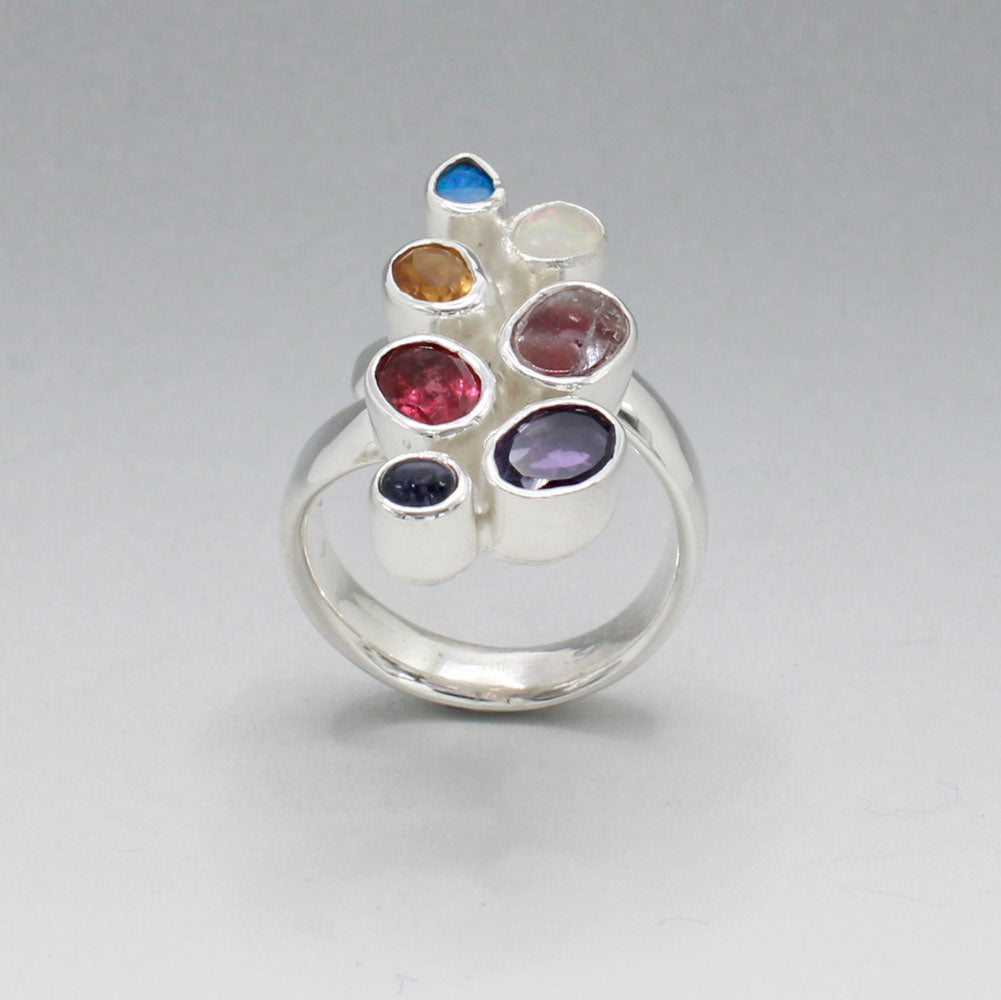 Candy - Cocktail 7 Gemstone Silver Ring - B