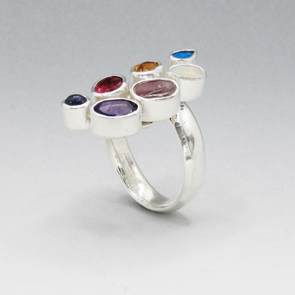 Candy - Cocktail 7 Gemstone Silver Ring - B