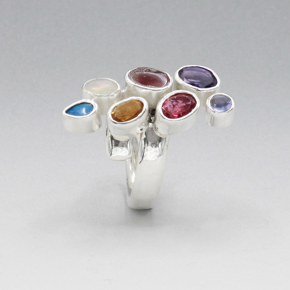 Candy - Cocktail 7 Gemstone Silver Ring - B