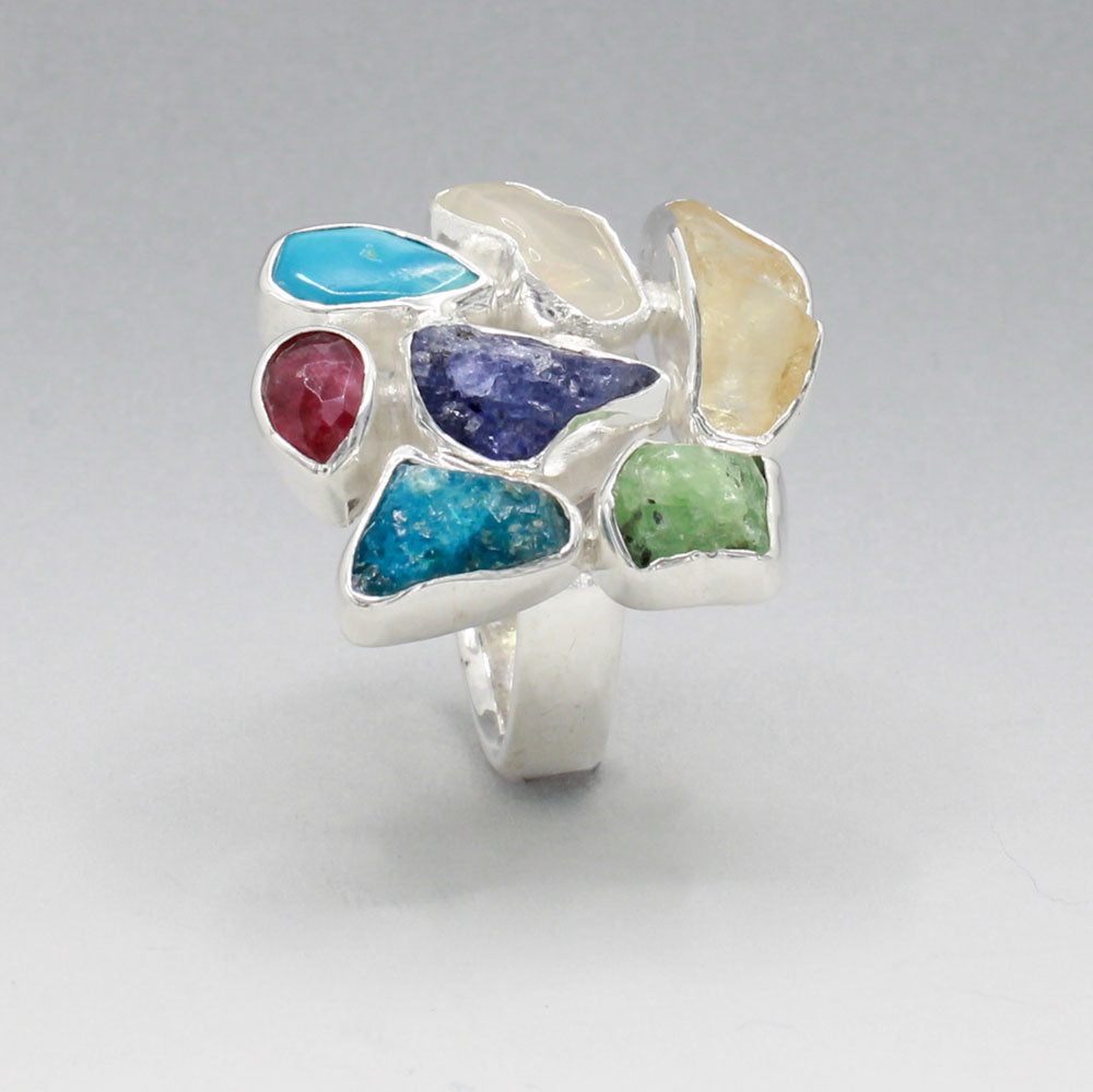 Candy - Cocktail 7 Gemstone Silver Ring - C