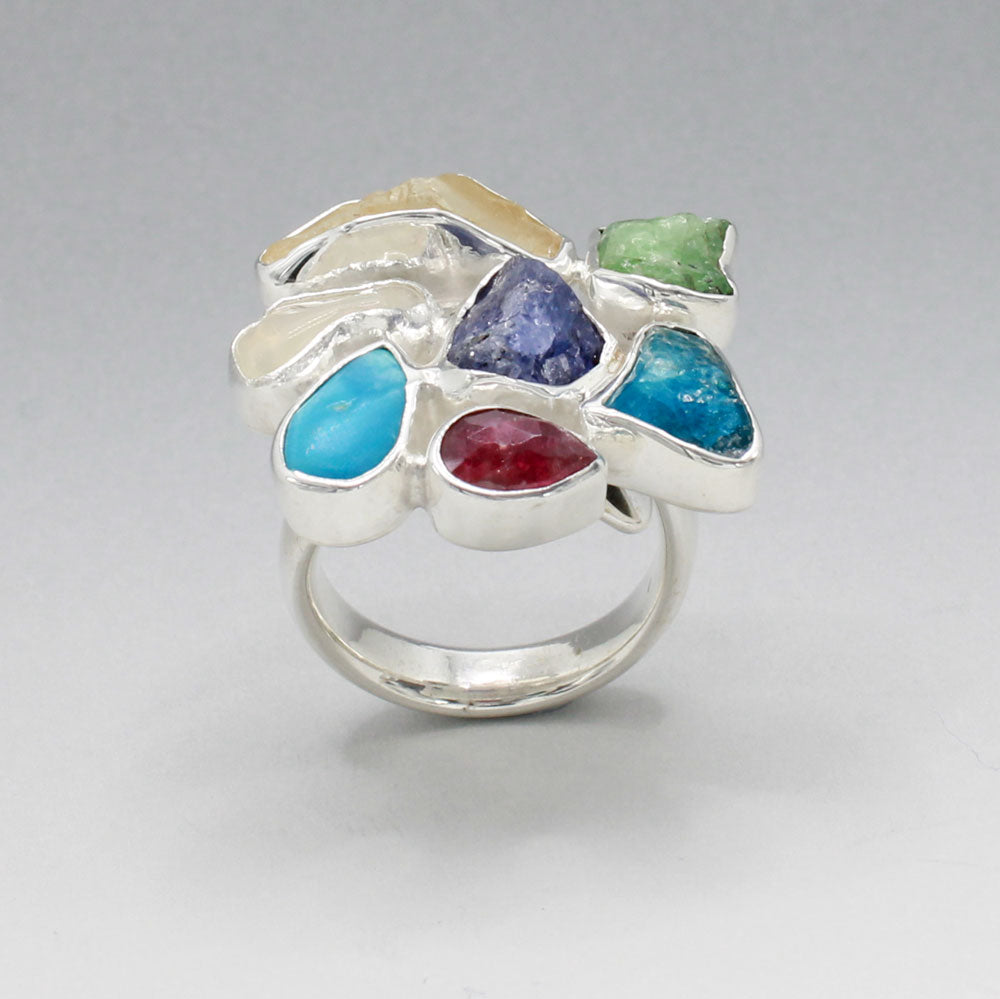 Candy - Cocktail 7 Gemstone Silver Ring - C