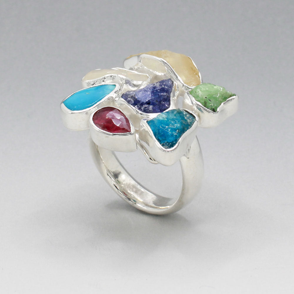 Candy - Cocktail 7 Gemstone Silver Ring - C