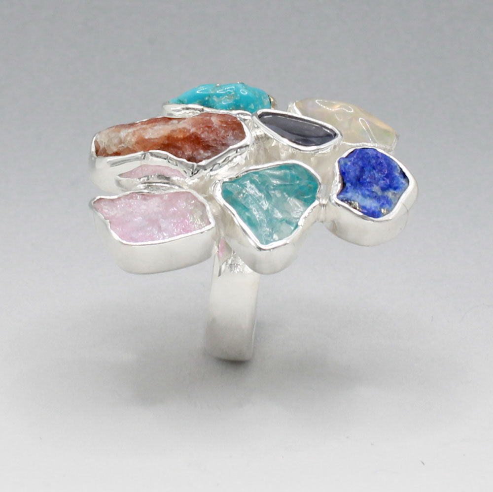 Candy - Cocktail 7 Gemstone Silver Ring - D