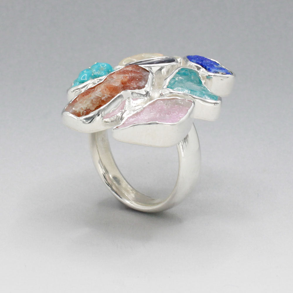 Candy - Cocktail 7 Gemstone Silver Ring - D